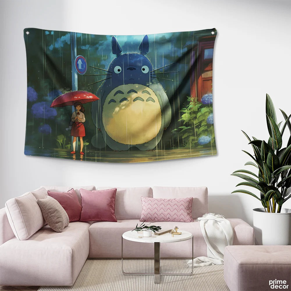 My Neighbor Totoro In Rain At A Bus Stop |-Anime Tapestry