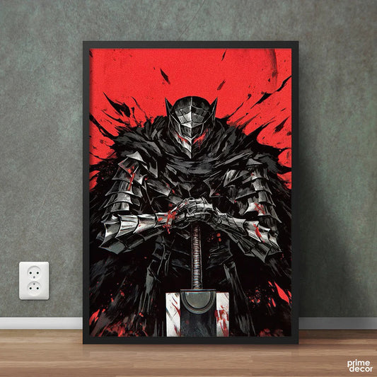 Guts Holding Sword In Red Background Berserk Series - Anime Wall Art