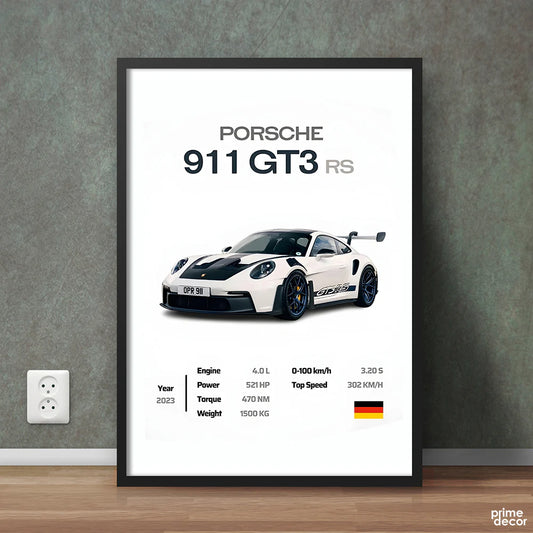 White Porsche 911 GT3 RS 2023 With Specs | Cars Wall Art